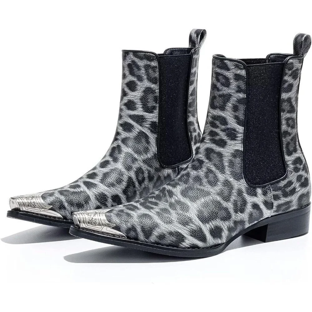 Men’s White Chelsea Pointed Metal Toe Leopard Print Ankle Street Style Boots